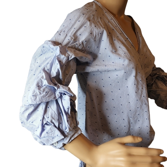 Zara Blue Swiss dot striped long sleeve wrap blouse.  Size medium - Picture 9 of 13